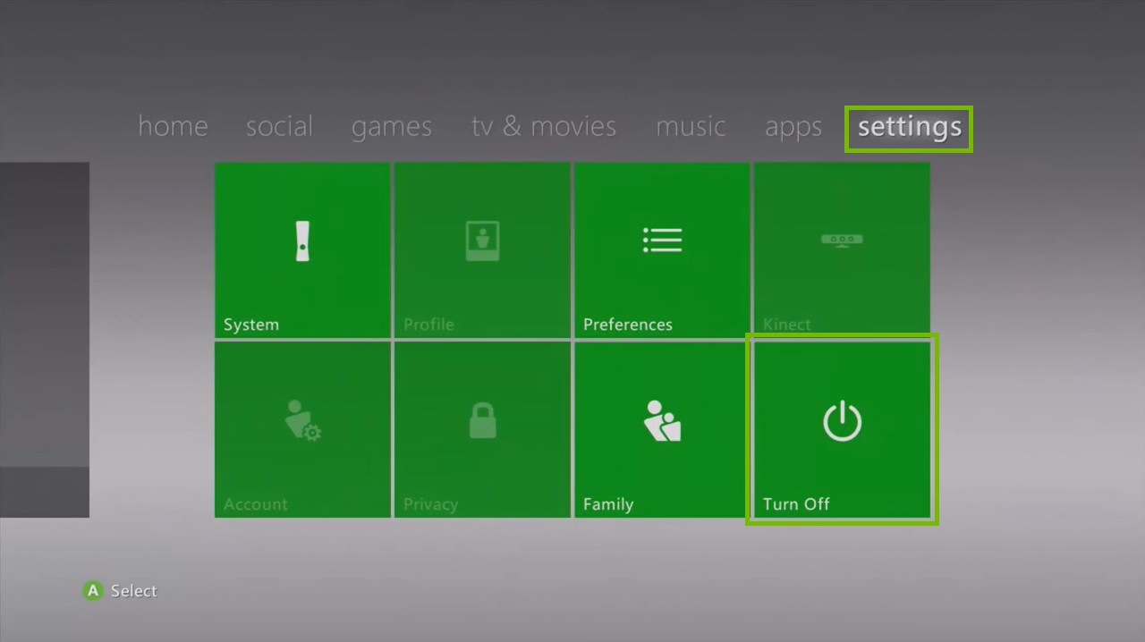 Xbox 360 settings menu with turn off highlighted.