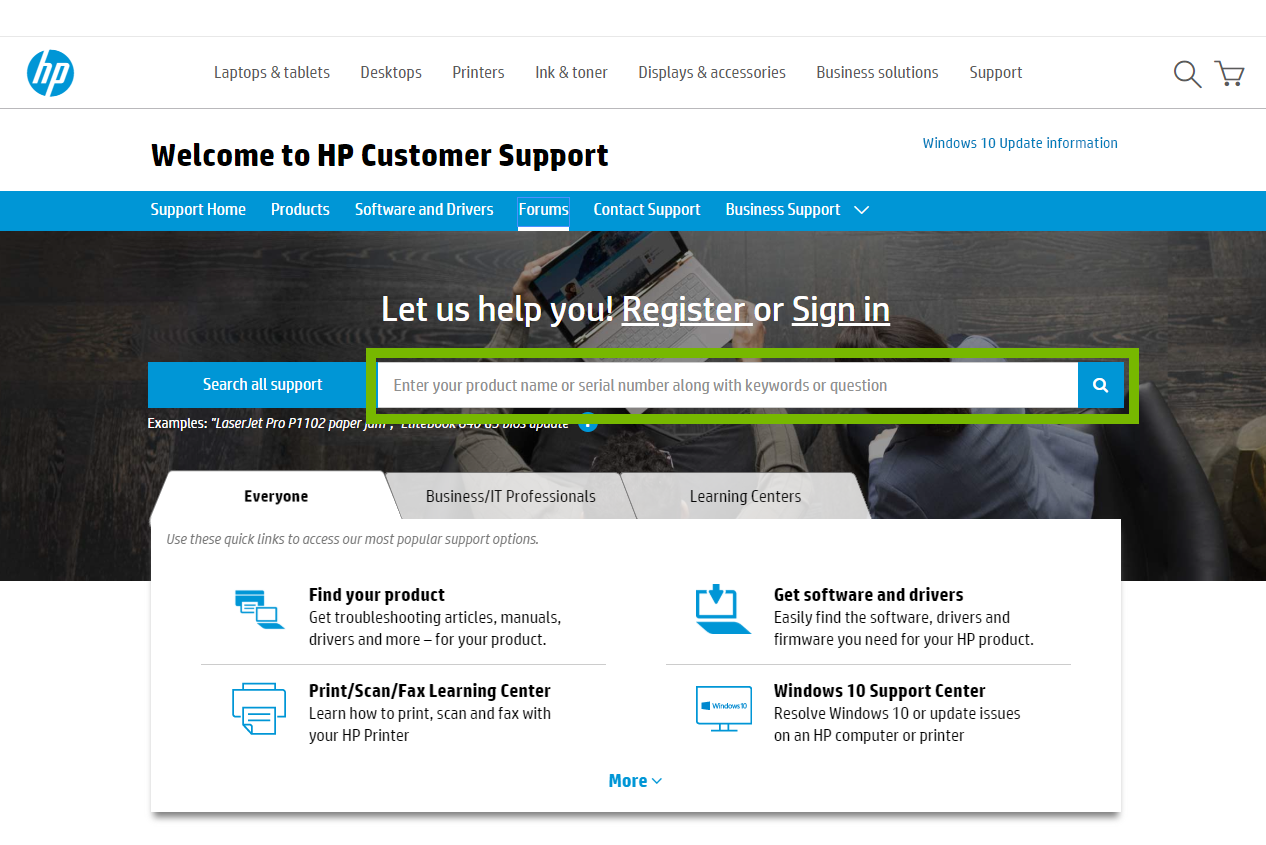 Search box on HP.com. Screenshot.