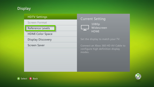 Xbox 360 display settings with reference levels selected