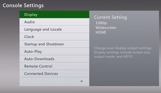 Xbox 360 console settings menu with display selected