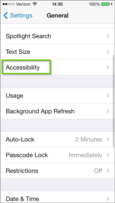 iPhone general settings menu with accessibility highlighted
