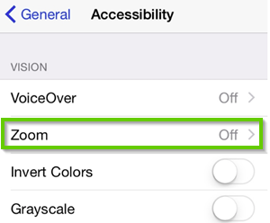 iPhone accessibility menu with zoom highlighted