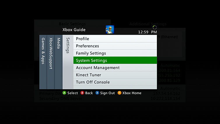 Xbox 360 settings menu with system settings selected
