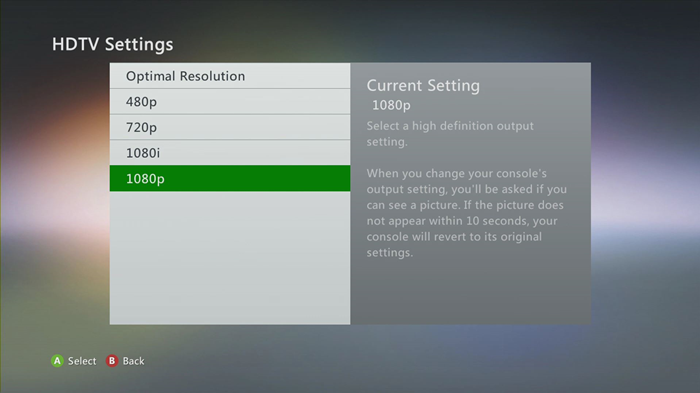 Xbox 360 hdtv settings with 1080p selected