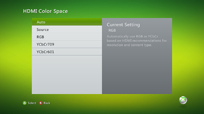 Xbox 360 hdmi color space menu