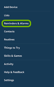 Reminders & Alarms options highlighted in Alexa app menu.