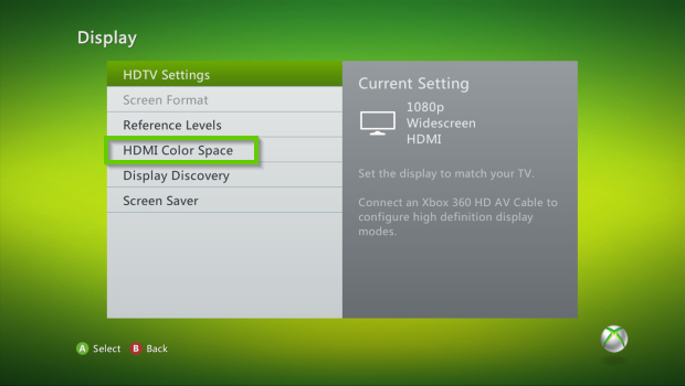 Xbox 360 display settings with hdmi color space selected