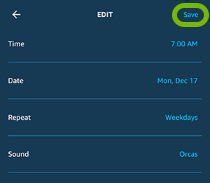 Save option is highlighted on Alarm editing screen in Alexa app.