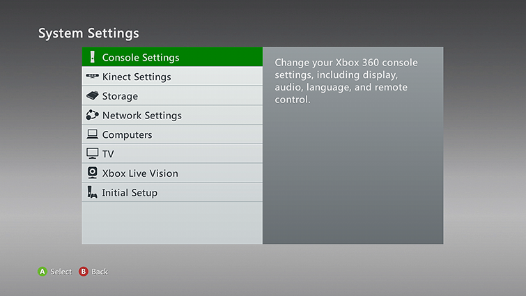 Xbox 360 system settings menu with console settings selected