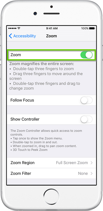iPhone settings menu with zoom toggle highlighted
