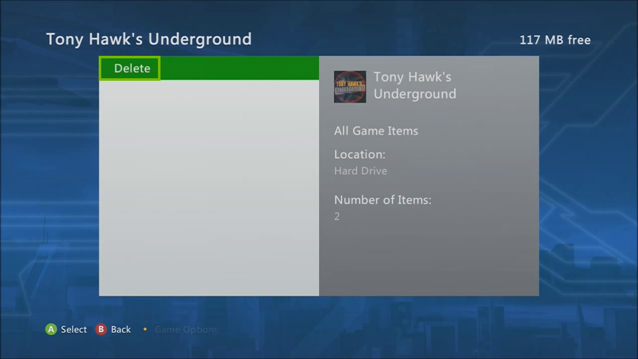 Example game with Delete button selected. Screenshot.