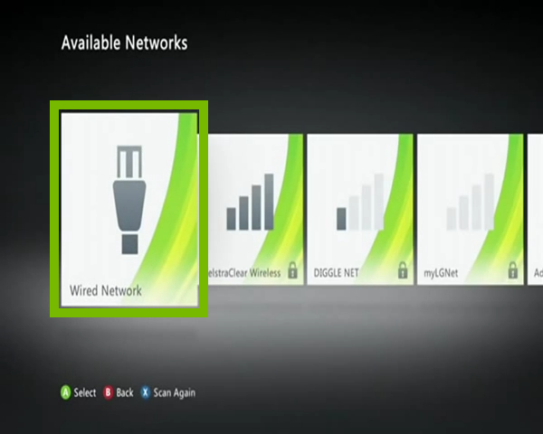 Available networks list with Wired Network selected. Screenshot.