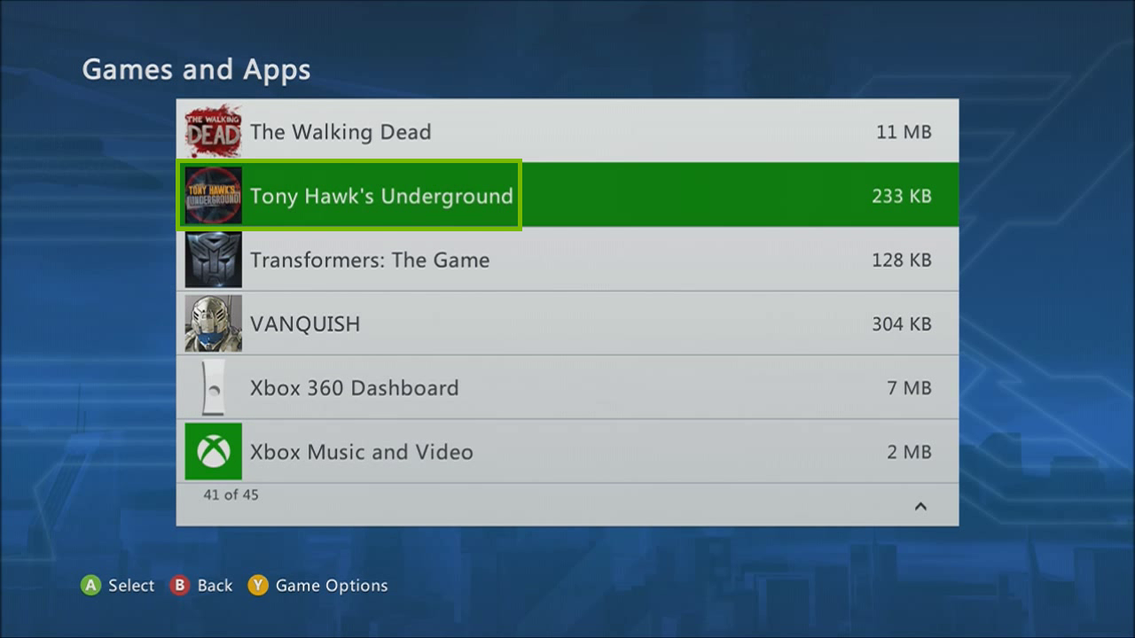 Games and apps with example game selected. Screenshot.
