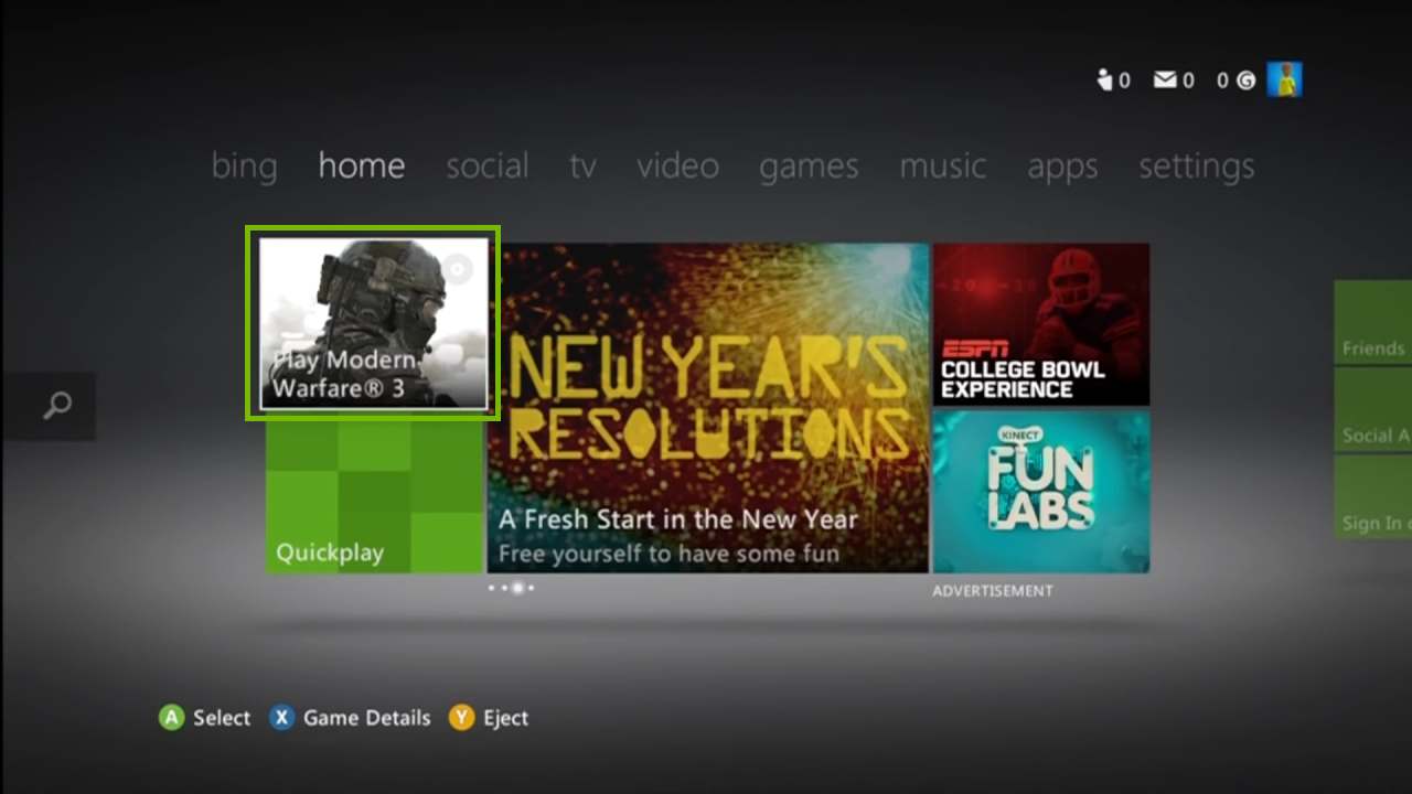 Xbox home screen with game highligted. Screenshot.