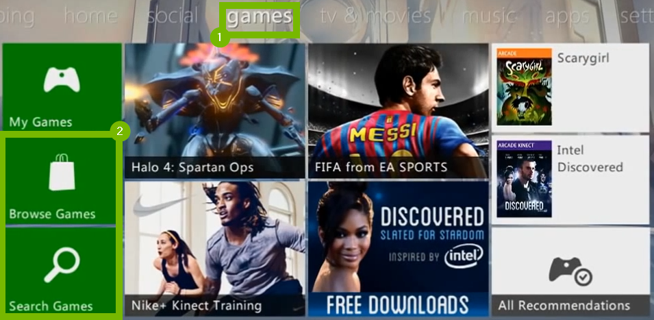 Games menu with Browse Games and Search Games highlighted. Screenshot.
