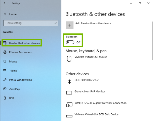 Bluetooth & other devices and the Bluetooth toggle highlighted