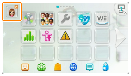 Nintendo wii u showing main menu and the mii in the upper left corner highlighted