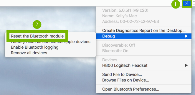 Bluetooth menu with Reset Bluetooth module selected. Screenshot.