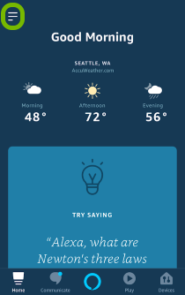 Menu icon highlighted in Alexa app.