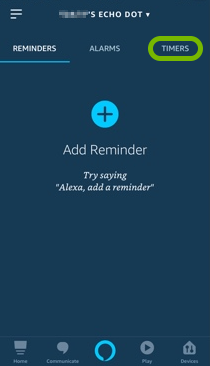 Timers tab highlighted in Alexa app.