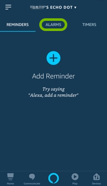 Alarms tab highlighted in Alexa app.