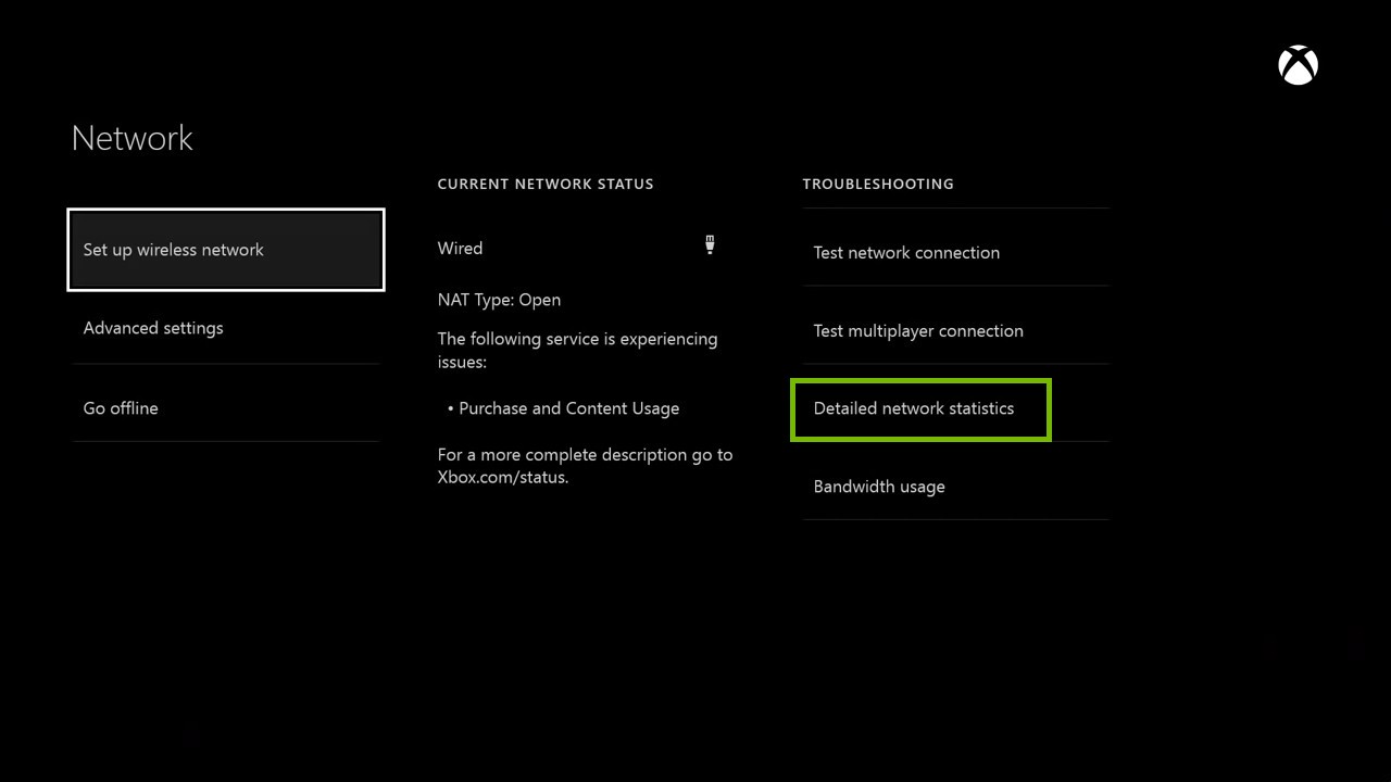 network settings with detailed network statistics highlighted
