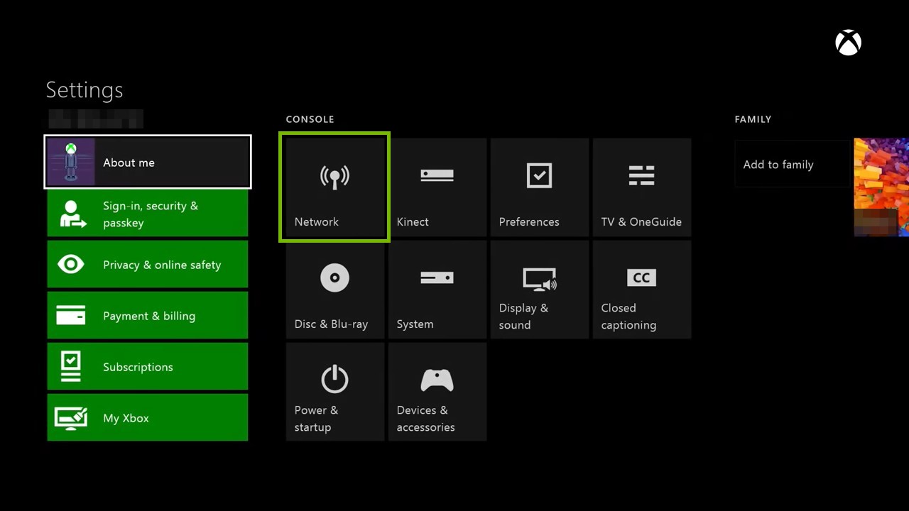 settings with network highlighted