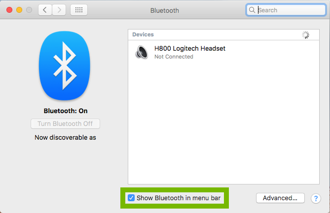 Bluetooth settings with Show Bluetooth in menu bar enabled. Screenshot.