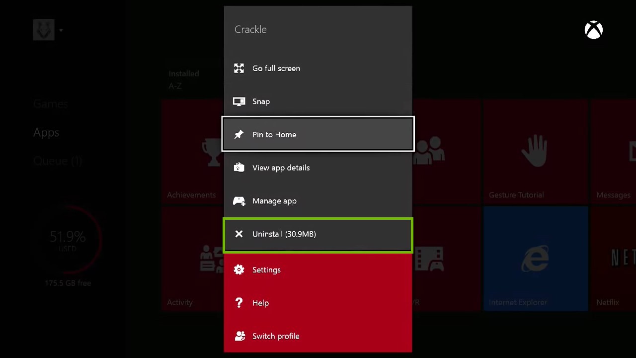 App or game menu with uninstal highlighted.