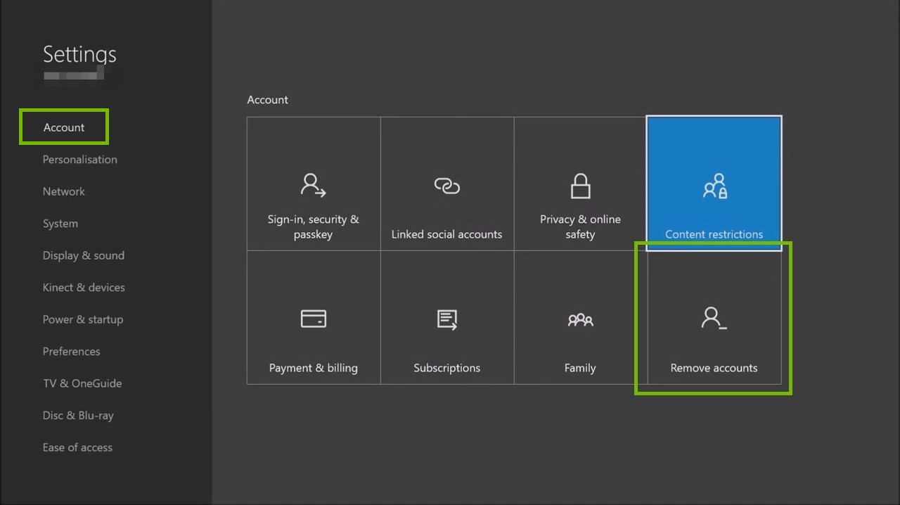 settings with account, remove accounts highlighted