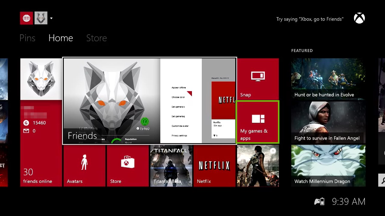 Dashboard with my games and apps highlighted