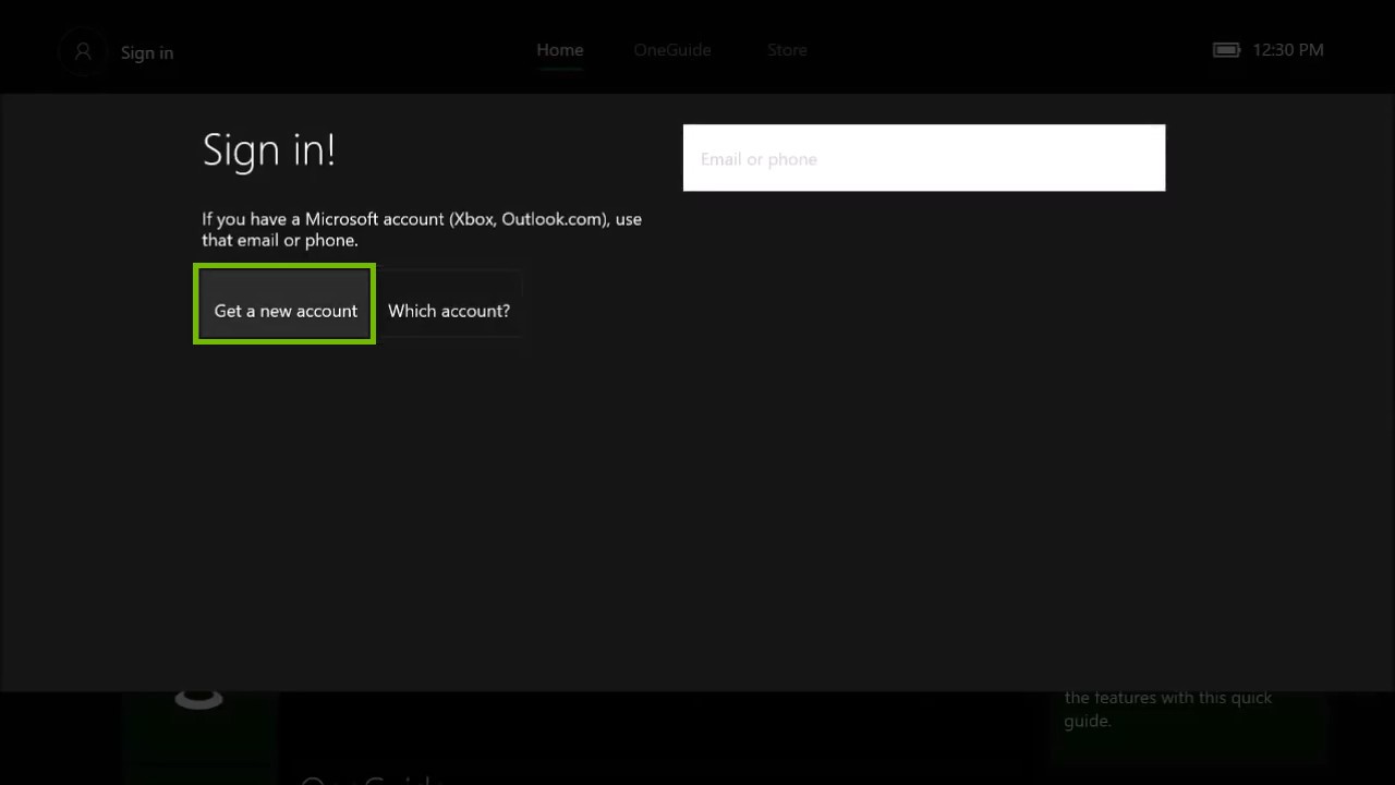 profile sign in prompt with get a new account highlighted