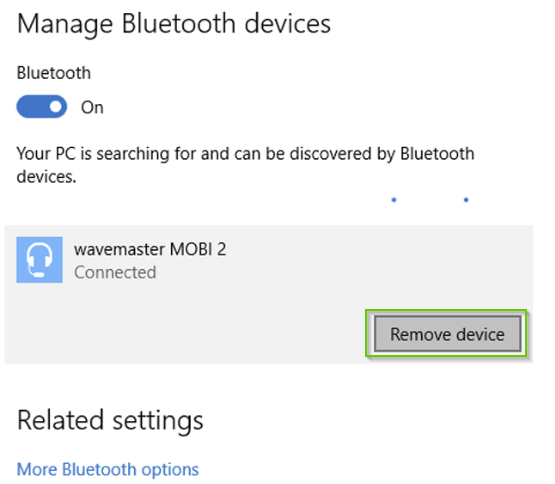 Windows 10 manage bluetooth devices screen with remove device highlighted