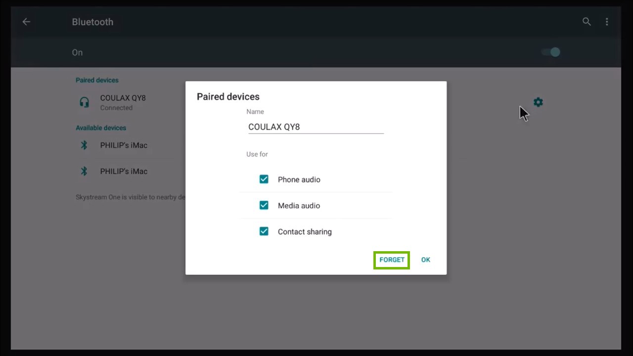 device settings dialog with forget highlighted