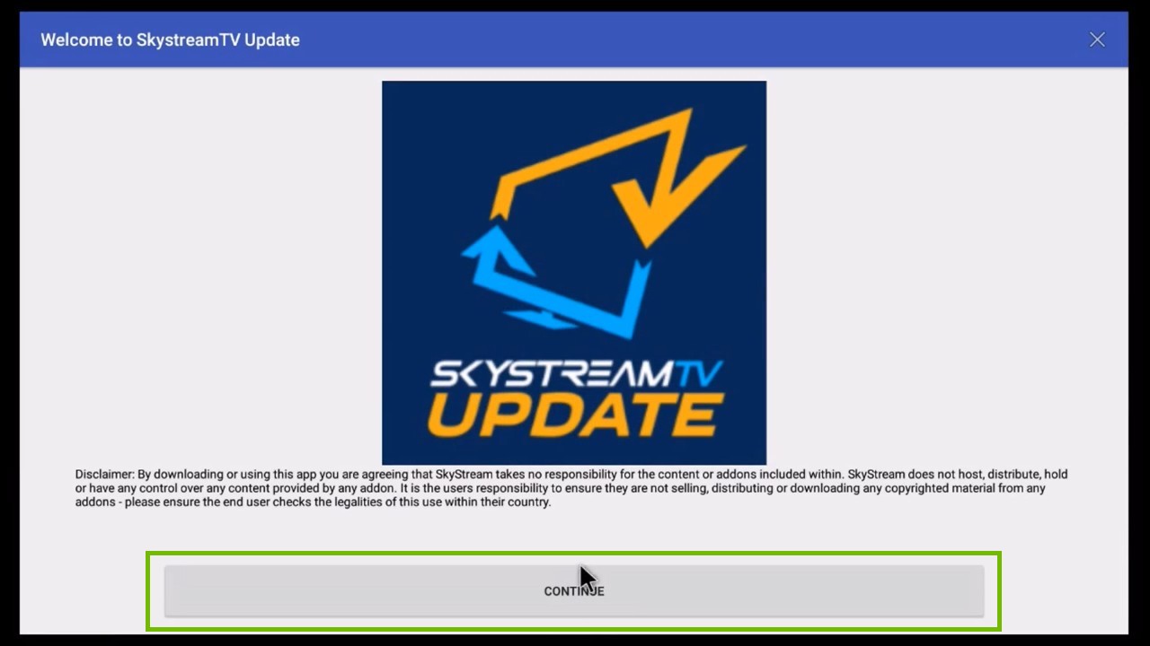 update screen with continue button highlighted