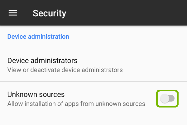 Security with Unknown sources toggle switch off and highlighted.