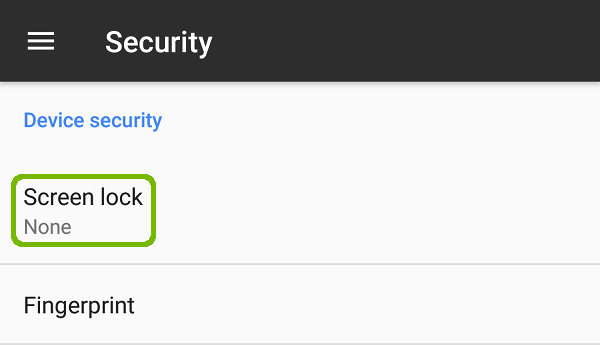 Security with Screen lock highlighted.