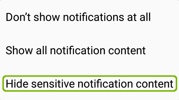 Configuration menu with Hide sensitive notification content highlighted.