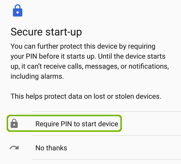 Secure start-up with Require PIN to start device highlighted.