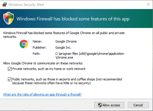Windows 10 firewall pop up