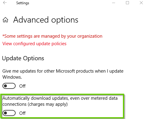 Windows 10 automatic updates toggle.