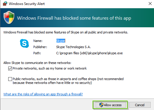 Windows 10 firewall popup with Allow selected