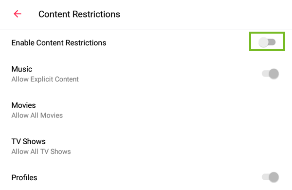 Toggling enable content restrictions