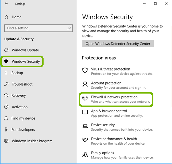 Update and Security with Windows Security and Firewall and Network Protection highlighted.