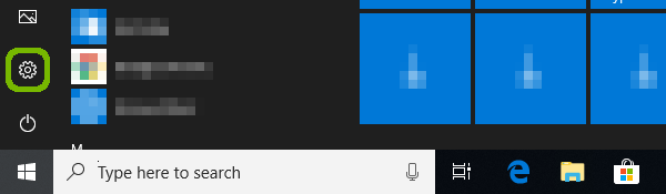 Start menu with settings highlighted.