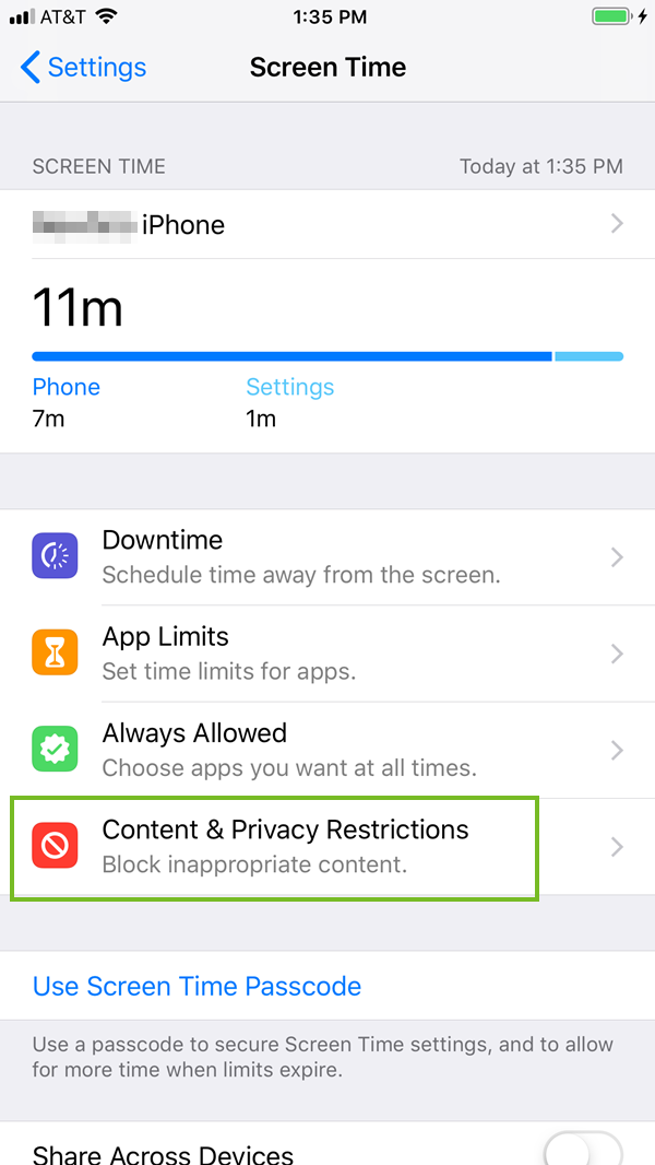 Content and privacy restriction settings
