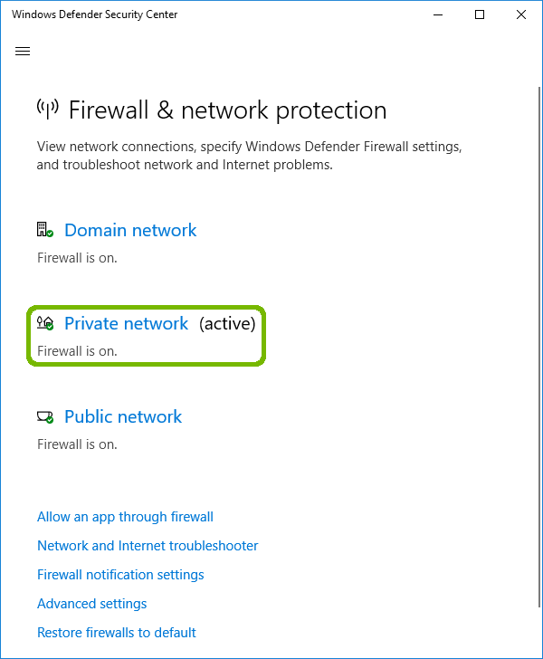 Firewall and network protection with active network highlighted.