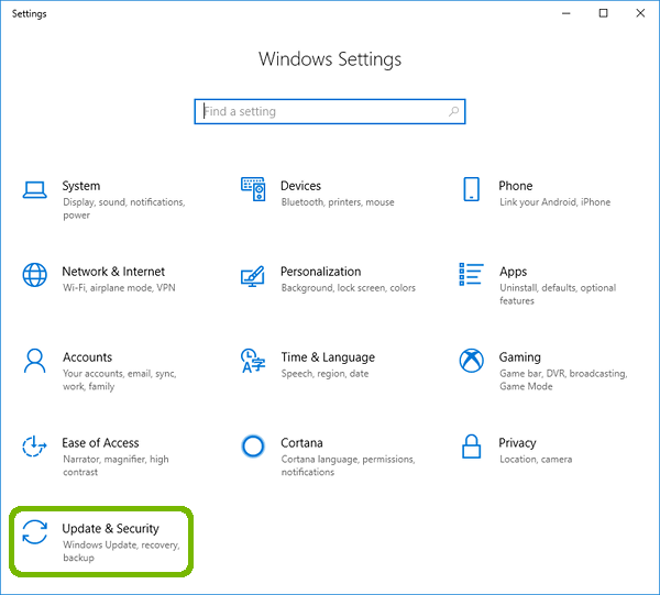 Windows Settings with Update and Security highlighted.