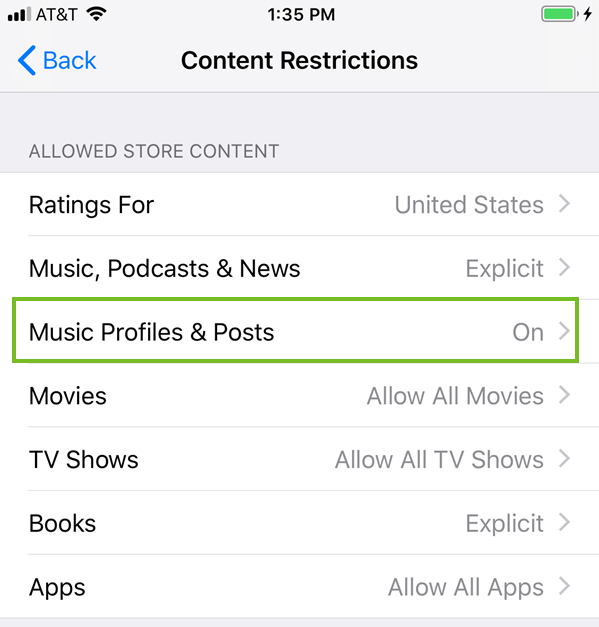 Music profiles and posts button