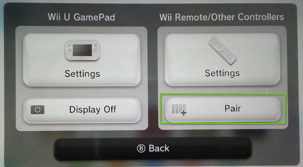 Wii u controller settings menu with pair highlighted